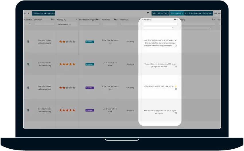 A laptop screen showing tools for managing digital brand reputation and optimising local search visibility, with review statistics and analytics.